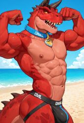 abs ai_generated devil_dinosaur dinosaur flexing flexing_arms hand_on_penis horns jockstrap jockstrap_only looking_at_viewer marvel marvel_rivals nipples nude open_mouth pecs penis red_skin smile teeth twall97 yellow_eyes