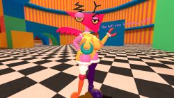 zooble_(the_amazing_digital_circus) the_amazing_digital_circus glitch_productions thehypercombine12_(artist) female female_only 1girls 3d 3d_(artwork) source_filmmaker sfm posing text dialogue talking talking_to_viewer breasts big_breasts abstract_character claw_hand triangle_head tagme