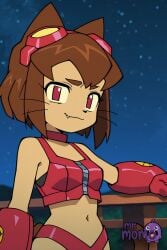 1girl :3 ai_generated animal_ears breasts brown_hair cat_ears cat_girl cat_tail choker closed_mouth clothing crop_top fang fang_out female female_only furry furry_female gameoverse gloves goggles goggles_on_head humanization kit_(gameoverse) kit_bodega littlehentai looking_at_viewer midriff navel night night_sky outdoors pink_choker red_bikini red_eyes red_gloves savitar savitar_(artist) short_hair sky smile solo star_(sky) starry_sky tail underwear whiskers zipper zipper_pull_tab