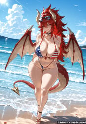 zentreya zentreya_(dragon) indie_virtual_youtuber virtual_youtuber miyuai ai_generated ai_assisted thick_thighs thick_ass thick thick_legs thick_hips thick_butt wide_hips wide_thighs voluptuous voluptuous_female curvy curvy_figure curvaceous curvy_female female breasts wings swimsuit tail beach bikini red_hair 1girl ocean horns day demon_wings solo american_flag_bikini long_hair yellow_eyes demon_tail navel huge_breasts demon_girl water flag_print smile rating:safe outdoors looking_at_viewer eyewear_on_head cleavage sky striped_bikini sandals full_body standing cloud demon_horns crab striped sunglasses blue_sky covered_nipples