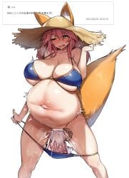 1girls absurdres belly_overhang big_belly big_breasts bikini birth breasts censored cleavage fate/extra fate/grand_order fate_(series) female female_only fetal_movement fox fox_ears fox_girl fox_tail giving_birth hat highres kuronyan long_hair pink_hair pregnant solo solo_focus stomach_ache straw_hat sun_hat sweat t-shirt tail tamamo_no_mae_(fate) thick_thighs tongue vaginal_birth white_background yellow_eyes