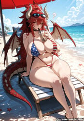 zentreya zentreya_(dragon) indie_virtual_youtuber virtual_youtuber miyuai ai_generated ai_assisted thick_thighs thick_ass thick thick_legs thick_hips thick_butt wide_hips wide_thighs voluptuous voluptuous_female curvy curvy_figure curvaceous curvy_female female breasts swimsuit wings beach horns ? bikini 1girl long_hair tail sitting huge_breasts flag_print striped red_hair solo navel umbrella day water drinking_straw blue_bikini rating:safe ocean american_flag_bikini starfish monster_girl looking_at_viewer demon_wings striped_bikini yellow_eyes heart outdoors red_wings demon_girl thighs ahoge cleavage eyebrows_visible_through_hair