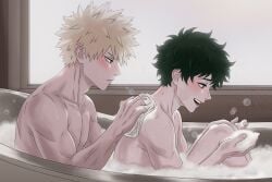 2boys bakugou_katsuki bath bathing bathroom bathtub blonde_hair blush boku_no_hero_academia bones_(company) bubble freckles green_eyes green_hair indoors izuku_midoriya katsuki_bakugou messy_hair midoriya_izuku my_hero_academia nude red_eyes scar shounen_jump sitting smile soap soap_bubbles spiked_hair sugarcherry washing washing_back yaoi
