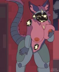 absurd_res alley anthro big_breasts breast_grab breast_squish breasts brick brick_wall building cheesetoastjoe claws cloud cloudy_sky colored door female fluffy fluffy_ears fluffy_tail fur gem genitals grey_floor grey_tail hair hand_on_breast hand_on_leg hi_res long_tail looking_at_viewer machine neck_tuft night nipples one_eye_closed orange_nipples outside pink_body pink_fur protogen purple_body purple_ears purple_fur purple_hair road screen screen_eyes screen_face screen_glow sky solo squish standing tail tongue tongue_out tuft visor vulva wall_(structure) watermark wink winking_at_viewer yellow_eyes yellow_gem