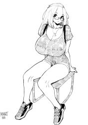 1girl arm_support arms_behind_back artist_name band_shirt bangs_pinned_back breasts cleavage curvy facing_viewer folded_hair full_body glasses greyscale hair_pulled_back highres huge_breasts inne_sulistya_robin jewelry long_hair looking_at_viewer merchandise monochrome necklace norman_maggot original pendant polyphia_(band) shirt shoes short_sleeves shorts simple_background sitting sneakers solo t-shirt white_background