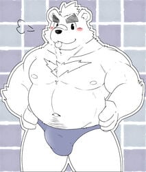 2021 anthro blush bulge clothing genital_outline goujuyu hi_res humanoid_hands kemono male mammal navel nipples overweight overweight_anthro overweight_male penis_outline solo tongue tongue_out underwear ursid