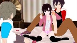 1girls 2boys 3d amamiya_hibiya asahina_hiyori black_hair kagerou_project kisaragi_shintarou male/female mekakucity_actors netorare small_breasts tagme