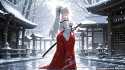 hiyuki_(wuthering_waves) wuthering_waves snow mountain outdoors mature_female miyuai ai_generated ai_assisted thick_thighs thick_ass thick thick_legs thick_hips thick_butt wide_hips wide_thighs voluptuous voluptuous_female curvy curvy_figure curvaceous curvy_female female breasts 1girl snowing rating:safe japanese_clothes sword long_hair tree winter weapon ponytail east_asian_architecture ass solo kimono sheath architecture katana hakama very_long_hair red_eyes looking_at_viewer large_breasts looking_back building railing standing torii shrine hair_ribbon bird holding tomoe_gozen_(fate/grand_order) silver_hair bare_shoulders ribbon