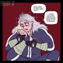 blarf022 blush breasts dorohedoro female foot_fetish foot_focus musk musky_feet noi_(dorohedoro) smell smelly smelly_feet sneakers stink_fumes stirrup_legwear white_hair feet_fetish feet_focus feet solo solo_focus solo_female female_only female_focus text dialogue