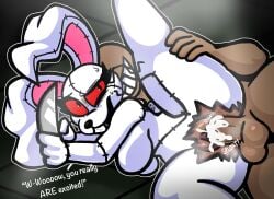 1boy 1girls big_breasts black_eyes breasts bunny_costume bunny_ears clothed_female costume cum cum_in_pussy cum_inside dark-skinned_female dark-skinned_male dark_skin dialogue english_text female five_nights_at_freddy's five_nights_at_frickbears five_nights_at_frickbears_3 holding_knife holding_object knife leg_up male megaexo nude_male open_mouth penis pussy red_sclera ripped_clothing sex straight sweat sweatdrop tagme vaginal_penetration vannabelle_(frickbears_3) vanny_(fnaf)