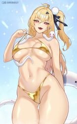 blonde_hair breasts breasts_apart cissia_(zenless_zone_zero) dimedrolly ear_piercing fangs groin hair_ornament hair_ribbon highres hip_dips large_breasts looking_at_viewer navel open_mouth piercing red_eyes ribbon slit_pupils snake snake_tail tail thigh_gap zenless_zone_zero