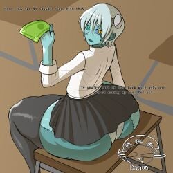 da_ra_ra_ra 1boy 1boys 1femboy male male_only femboy femboy_only solo solo_male solo_femboy zombie stitches stitched_face stitched_body blue_skin heterochromia asymmetrical_eyes bolt_on_head short_hair sitting_on_desk crossdressing thighhighs thigh_highs big_thighs large_thighs huge_thighs visible_underwear visible_panties white_panties panties bully bribe bribing looking_at_viewer looking_back talking_to_viewer dialogue dialog english_text threatening threat threatening_viewer ass ass_focus ass_bigger_than_head ass_bigger_than_torso big_ass large_ass huge_ass male_ass femboy_ass big_ass_(male) butt butt_focus butt_bigger_than_head butt_bigger_than_torso big_butt large_butt huge_butt male_butt femboy_butt alternate_version_available alternate_version_at_source useless_skirt skirt short_skirt