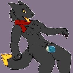 anthro bodily_fluids cum expie_(gunsawian) female genital_fluids genitals glowing glowing_eyes mechanical_monster_factory penis scarf solo tongue tongue_out translucent translucent_penis