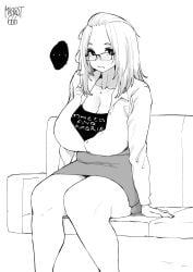 ... 1girl absurd_resolution absurdres arm_support band_shirt bangs_pinned_back beautiful_woman breasts cleavage collared_shirt couch curvy disinterested dress_shirt emotionless emotionless_female facing_viewer feet_out_of_frame folded_hair glasses greyscale hair_pulled_back highres inne_sulistya_robin large_breasts long_hair looking_at_viewer mature_woman merchandise miniskirt monochrome norman_maggot original shirt shirt_tucked_in sitting skirt speech_bubble spoken_ellipsis thick_thighs thighs tight_skirt uninterested uninterested_female white_shirt