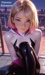 ai_generated blonde_hair blue_eyes blush costume erect_nipples fit gwen_stacy gwen_stacy_(spider-verse) looking_at_viewer paid_reward_available patreon posing sebassart slim_waist solo spandex spider-gwen superheroine tight_clothing tight_fit