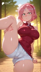 cartoony cartoon big_ass big_breasts large_breasts large_ass 1girls 1girl straight female solo_focus female_focus blurry_background blurred_background depth_of_field breasts ass thin_waist small_waist ai_generated odexai thick_thighs wide_hips absurd_res absurdres hi_res highres high_resolution high_quality sakura_haruno haruno_sakura naruto_(series) naruto naruto_shippuden naruto_(classic) window pink_hair green_eyes cameltoe short_hair forehead_mark thighs bare_shoulders blush v-shaped_eyebrows parted_bangs parted_lips alternate_breast_size shiny_skin shorts sleeveless hairband red_dress short_shorts chinese_clothes dress shirt bracelet looking_at_viewer standing standing_on_one_leg leg_up leg_lift split outdoors forest solo tree blurry white_shorts red_hairband facial_mark day jewelry teeth