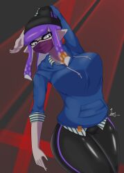 arm_behind_head artist_signature beanie big_breasts breasts deleted_image deleted_source ear_piercing gradient_hair hoodie ikazirusi_01 inkling inkling_girl looking_down mask oc original_character purple_hair ring signature skin_tight splatoon splatoon_(series) tentacle_hair watermark white_eyes