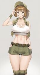 1girl arm_behind_back artist_name bare_shoulders baseball_cap belt black_panties blush breasts brown_eyes brown_hair cleavage clothing_cutout crop_top cropped_vest female_focus fio_germi glasses green_shorts hand_up hat highres hip_focus hip_vent knee_pads large_breasts looking_at_viewer medium_hair metal_slug midriff navel nipples no_bra open_clothes open_vest panties panty_peek ponytail round_eyewear salute see-through_clothes short_shorts shorts smile snk soldier solo sparkle standing stomach thigh_gap thighs toruneko underwear vest wristband