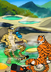 animal_genitalia anthro athletic athletic_anthro athletic_male black_hair blue_eyes cheetah closed_smile duo felid feline fully_sheathed fur genitals hair hi_res hufnaar hufnaar_(character) kyyanno looking_at_viewer male male_anthro mammal markings mouth_closed nude open_mouth orange_body orange_fur partially_submerged sheath short_hair sitting smile striped_arms striped_legs striped_markings striped_tail stripes tail tail_markings water whiskers white_body white_fur white_hair yellow_body yellow_fur