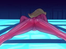 1girls applespicex ass back_view blonde_hair bodysuit catsuit clothing clover_(totally_spies) faceless_female female female_only human looking_away on_stomach skin_tight solo spread_legs totally_spies