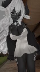 1girls boobs breasts cleavage collar female feminine glasses grey_body horns soshleepy tits unity_(engine) vrchat vrchat_avatar wearing_glasses white_hair white_sclera