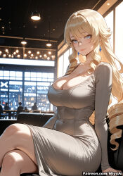 navia_(genshin_impact) genshin_impact plump mature_female miyuai ai_generated ai_assisted thick_thighs thick_ass thick thick_legs thick_hips thick_butt wide_hips wide_thighs voluptuous voluptuous_female curvy curvy_figure curvaceous curvy_female female breasts drill_hair blonde_hair rating:safe 1girl glasses cleavage dress crossed_legs long_hair large_breasts sitting looking_at_viewer blue_eyes solo blush indoors smile window covered_navel night eyebrows_visible_through_hair bangs earrings ringlets jewelry