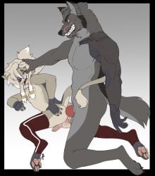 anal anal_penetration anthro canid canine canis clenched_teeth clothing cybernetic_arm cybernetic_limb cybernetics duo from_behind_position genitals hand_on_butt hand_on_head hi_res hybrid knot legwear machine mafty_(artist) male male/male mammal pawpads penetration penis penis_size_difference sex stockings tail_around_partner teeth tongue tongue_out wolf