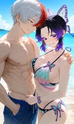 ai_generated beach bikini bikini_top black_and_purple_hair black_hair boku_no_hero_academia brown_hair butterfly_hair_ornament crossover demon_slayer happy kimetsu_no_yaiba kochou_shinobu multicolored_hair muscular_male my_hero_academia purple_eyes ready_for_sex red_and_white_hair sea seductive seductive_smile sexy sexy_bikini sexy_body sexy_female shouto_todoroki standing swelling swimming_trunks