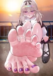 1girls barefoot blush feet female foot_fetish foot_focus footwear light-skinned_female light_skin moria_luluka mostly_clothed presenting_feet purple_eyes purple_toenails silver_hair soles solo star_detective_precure! teasing toe_ring toes ursica