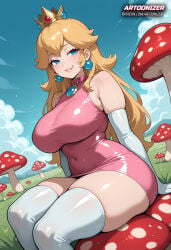 1girls ai_generated artoonizer ass big_ass big_breast blonde_female blonde_hair blue_eyes blush breasts choker collar crown ear_piercing earrings female female_only gloves latex_gloves latex_thighhighs sitting legs_together light-skinned_female light_skin long_hair mario_(series) mushroom narrow_waist navel patreon patreon_username pink_choker posing princess princess_peach shiny_skin solo solo_female solo_focus stomach super_mario_bros. thick_thighs thigh_highs thighhighs wide_hips latex_clothing tight_clothing smile