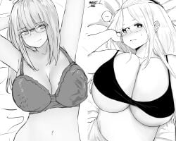 barely_contained_breasts before_and_after breast_expansion breast_growth breasts breasts_bigger_than_head bursting_breasts cleavage curvy expansion gigantic_breasts growth highres huge_breasts inne_sulistya_robin large_breasts lying norman_maggot on_bed original weight_gain