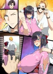 takeda_hiromitsu original original_character ntr cheating_fiancee kimono huge_breasts large_breasts busty 2boys 1girls light-skinned_female light-skinned_male medium_hair black_hair blonde_hair looking_at_another wink stealing_girlfriend male_pov sunglasses waving_at_viewer grope groping hi_res highres embarrassed embarrassed_female
