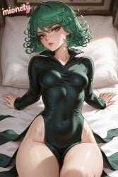 tatsumaki one-punch_man 1girl green_eyes dress green_hair breasts solo black_dress looking_at_viewer covered_navel pillow short_hair thighs on_bed long_sleeves curly_hair artist_name sitting medium_breasts pelvic_curtain parted_lips no_panties lips bed small_breasts arm_support thick_thighs collared_dress blush wide_hips side_slit collarbone leaning_back eyelashes indoors covered_nipples bed_sheet closed_mouth petite cowboy_shot messy_hair green_dress groin toned floating_clothes highleg tight_dress taut_clothes skin_tight sweat character_name curvy mionety ai_generated