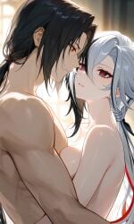 1boy 1girl ai_generated arlecchino_(genshin_impact) big_breasts black_hair crossover face_to_face fatui genshin_impact intimate male/female naked naked_female naruto naruto_(series) naruto_shippuden red_eyes sharingan uchiha_itachi white_and_black_hair x_eyes