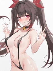 1girl :p absurdres alternate_costume areola_slip armpit_crease bell black_choker black_slingshot_swimsuit blunt_bangs blush breasts brown_hair butterfly-shaped_pupils cameltoe choker closed_mouth commentary_request covered_nipples cowboy_shot double_v eyelashes eyeshadow floating_hair furrowed_brow groin hair_intakes hands_up highres honkai:_star_rail honkai_(series) jingle_bell long_hair looking_at_viewer makeup medium_breasts navel neck_bell nose_blush paid_reward_available pussy_juice red_eyes red_eyeshadow shiki_samapoke shiny_skin sidelocks slingshot_swimsuit smile solo sparkle_(honkai:_star_rail) stomach sweatdrop swimsuit symbol-shaped_pupils tongue tongue_out tsurime twintails v very_long_hair