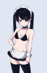 lolita_fashion gothic_lolita female_only female gintama solo yagyuu_kyuubei twintails long_hair apron black_hair eye_patch official_alternate_hairstyle maid_headdress cleavage bikini small_breasts thighhighs black_legwear black_thighhighs skirt waist_apron choker wrist_cuffs blush brown_eyes zettai_ryouiki black_bikini syun_syun_syuun