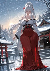 hiyuki_(wuthering_waves) wuthering_waves snow mountain outdoors mature_female miyuai ai_generated ai_assisted thick_thighs thick_ass thick thick_legs thick_hips thick_butt wide_hips wide_thighs voluptuous voluptuous_female curvy curvy_figure curvaceous curvy_female female breasts 1girl rating:safe long_hair red_eyes cleavage solo japanese_clothes ponytail looking_at_viewer bare_shoulders huge_breasts very_long_hair tree full_body silver_hair standing wide_sleeves bangs long_sleeves eyebrows_visible_through_hair snowing east_asian_architecture collarbone mole hakama sky large_breasts smile high_ponytail