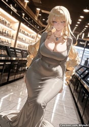 navia_(genshin_impact) genshin_impact plump mature_female miyuai ai_generated ai_assisted thick_thighs thick_ass thick thick_legs thick_hips thick_butt wide_hips wide_thighs voluptuous voluptuous_female curvy curvy_figure curvaceous curvy_female female breasts necklace 1girl cleavage blonde_hair jewelry long_hair rating:safe blue_eyes drill_hair dress covered_navel solo see-through huge_breasts looking_at_viewer bare_shoulders bangs very_long_hair indoors blush long_sleeves