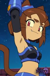 1girl female brown_hair clothing solo animal_ears fang gloves cat_ears goggles_on_head navel short_hair red_gloves red_eyes night goggles furry breasts cat_tail looking_at_viewer tail choker sky whiskers furry_female fang_out night_sky cat_girl smile midriff star_(sky) red_bikini closed_mouth crop_top outdoors starry_sky humanization :3 underwear zipper pink_choker zipper_pull_tab gameoverse kit_bodega ai_generated littlehentai savitar savitar_(artist)