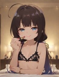 ai_generated bedroom blue_eyes brown_hair flat_chest focus_on_chest hinatsuru_ai hotel_room lingerie lipstick makeup mirror petite_female sexy skinny_female slim_female slutty_body slutty_female temptation tempting_viewer twintails