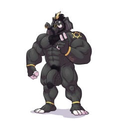 2024 5_fingers 5_toes abs almasy anthro balls beard big_balls big_penis black_beard black_facial_hair black_hair black_nipples black_pubes chest_tuft elephant elephantid facial_hair facial_piercing feet fingers genitals grey_body hair hi_res looking_at_viewer male mammal muscular nipples nose_piercing penis piercing proboscidean pubes simple_background solo standing tan_hair tattoo toes tuft white_background
