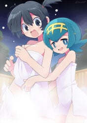2girls asymmetrical_hair bare_arms black_eyes black_hair blue_eyes blue_hair blush breasts bright_pupils cleavage fence freckles hair_between_eyes hairband highres kasumi_(pokemon) lana_(pokemon) large_breasts looking_at_viewer misty_(pokemon) misty_(the_electric_tale_of_pikachu) multiple_girls naked_towel night nintendo no_sclera one_side_up onsen open_mouth outdoors pokemon pokemon:_the_electric_tale_of_pikachu ponytail portrait raised_eyebrows rascal_(feuille) short_hair side_ponytail sky smile steam tongue towel trial_captain white_pupils yellow_hairband yuri