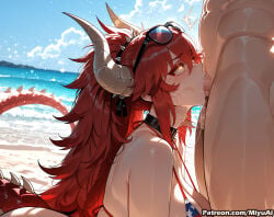 zentreya zentreya_(dragon) indie_virtual_youtuber virtual_youtuber miyuai ai_generated ai_assisted thick_thighs thick_ass thick thick_legs thick_hips thick_butt wide_hips wide_thighs voluptuous voluptuous_female curvy curvy_figure curvaceous curvy_female female breasts rating:explicit swimsuit bikini red_hair 1girl 1boy oral hetero long_hair day solo_focus penis horns choker saliva fellatio clothed_female_nude_male beach bangs blush
