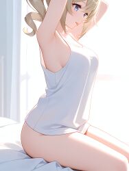 1girl absurd_res absurdres ai-created ai-generated ai_art ai_generated armpits arms_up artist_name athletic_female bangs barbara_(genshin_impact) bare_arms bare_shoulders blonde_hair blue_eyes boobs bottomless breasts bust chest drill_hair female fit_female from_side genshin_impact gumtoof hi_res high_quality high_resolution indoors large_breasts long_hair medium_breasts morning on_bed open_mouth patreon patreon_username shirt sideboob sitting sleeveless sleeveless_shirt smile solo solo_focus stable_diffusion tagme tank_top thighs tits twin_drills uncensored white_shirt window