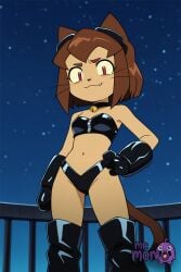 1girl female brown_hair clothing solo animal_ears fang gloves cat_ears goggles_on_head navel short_hair red_gloves red_eyes night goggles furry breasts cat_tail looking_at_viewer tail choker sky whiskers furry_female fang_out night_sky cat_girl smile midriff star_(sky) red_bikini closed_mouth crop_top outdoors starry_sky humanization :3 underwear zipper pink_choker zipper_pull_tab gameoverse kit_bodega ai_generated littlehentai savitar savitar_(artist)