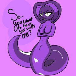 animal_genitalia anthro apode breasts comic dialogue draconcopode female genitals hi_res humanoid justkindaboredart legless looking_at_viewer naga nude open_mouth reptile scalie serpentine simple_background slit slither snake snake_hood solo text