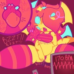original_character tr3ebranch yellow_body blue_eyes blue_sclera wings_on_head glasses red_hair headband hair_clips masturbation masturbating vibrator vibrator_on_pussy panties striped_panties orange_markings matching_clothing bra thighs striped_thighhighs striped_bra pleasure_face eyes_rolled_up heartbeat heart_(organ) cardiophilia cardiophile demon heart_monitor heartbeat_line onomatopoeia pussy_juice_on_floor about_to_cum
