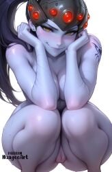 1girl ai_generated amber_eyes arm_tattoo artist_name blizzard_entertainment blush breasts cleavage closed_mouth collarbone colored_skin completely_nude earrings explicit eyelashes female female_only hand_on_own_cheek hand_on_own_face hands_on_own_cheeks hands_on_own_face head-mounted_display head_rest headgear headgear_only human human_only jewelry large_breasts legs_together lips long_hair looking_at_viewer makeup medium_breasts no_sex nose_blush nuageeart nude overwatch overwatch_2 ponytail purple-skinned_female purple_hair purple_skin pussy pussy_juice simple_background smile solo solo_female squatting stud_earrings sweat tattoo technology thighs uncensored wet white_background widowmaker widowmaker_(overwatch) yellow_eyes