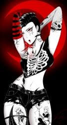 arm_tattoo armpits arms_up belly belly_button big_breasts black_background black_hair crop_top earring fully_clothed fus10n_4f half_shaved_head neck_tattoo necklace piercing pubic_tattoo red_eyes red_hair red_moon ripped_shorts shorts tattoo tattoos thick_thighs thigh_tattoo tongue tongue_out