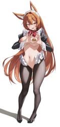 1girl absurdres animal_ear_fluff animal_ears artist_request bad_arca.live_id bad_id belt_collar black_shoes bow bowtie breasts clitoral_piercing collar commission fang female female_only full_body hair_between_eyes heart-shaped_boob_challenge high_heels highres juliet_sleeves large_breasts long_hair long_sleeves looking_at_viewer navel nipple_piercing nipples open_mouth orange_hair original piercing puffy_sleeves pussy pussy_piercing red_bow red_bowtie shoes simple_background skin_fang solo standing stomach uncensored very_long_hair white_background